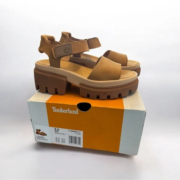 EUC Timberland Women's Everleigh Lug-Sole Block-Heel Tan Sandals Size 6.5 - Picture 3 of 6